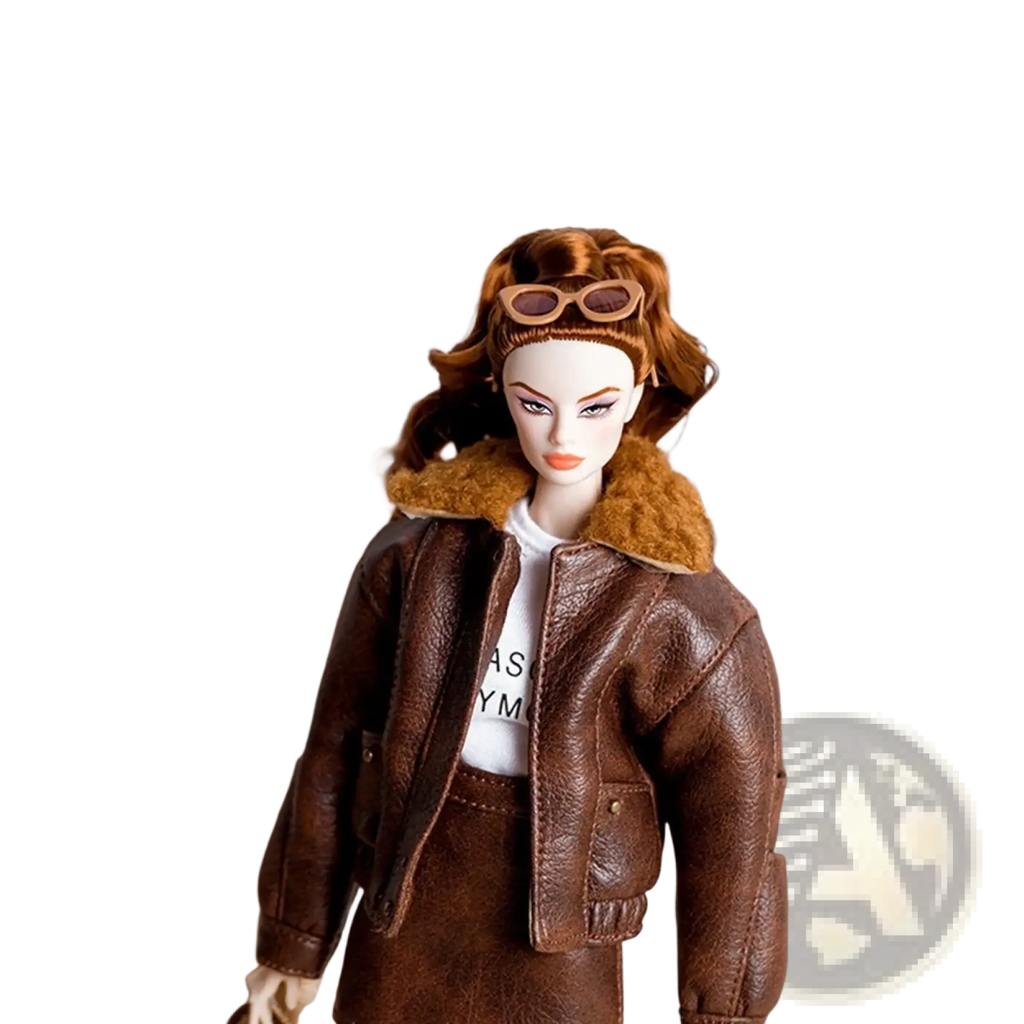Brown leather aviator jacket with fur-lined collar and matching skirt for 1/6 doll fall winter retro set