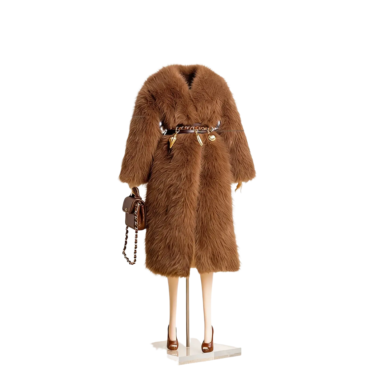 Brown long fur coat with plush luxurious texture and classic collar in 1/6 doll fall winter retro jacket coat set