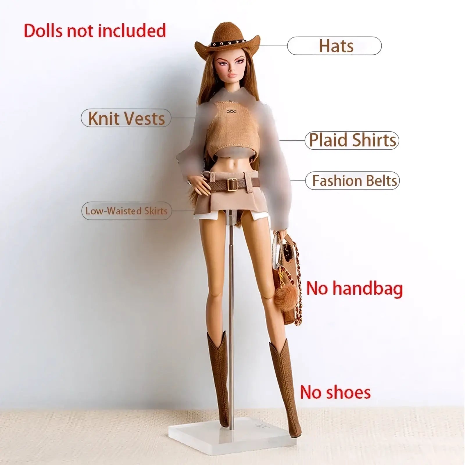 Brown cowboy hat with black studs along the brim for 1/6 doll fall winter retro jacket coat set accessory