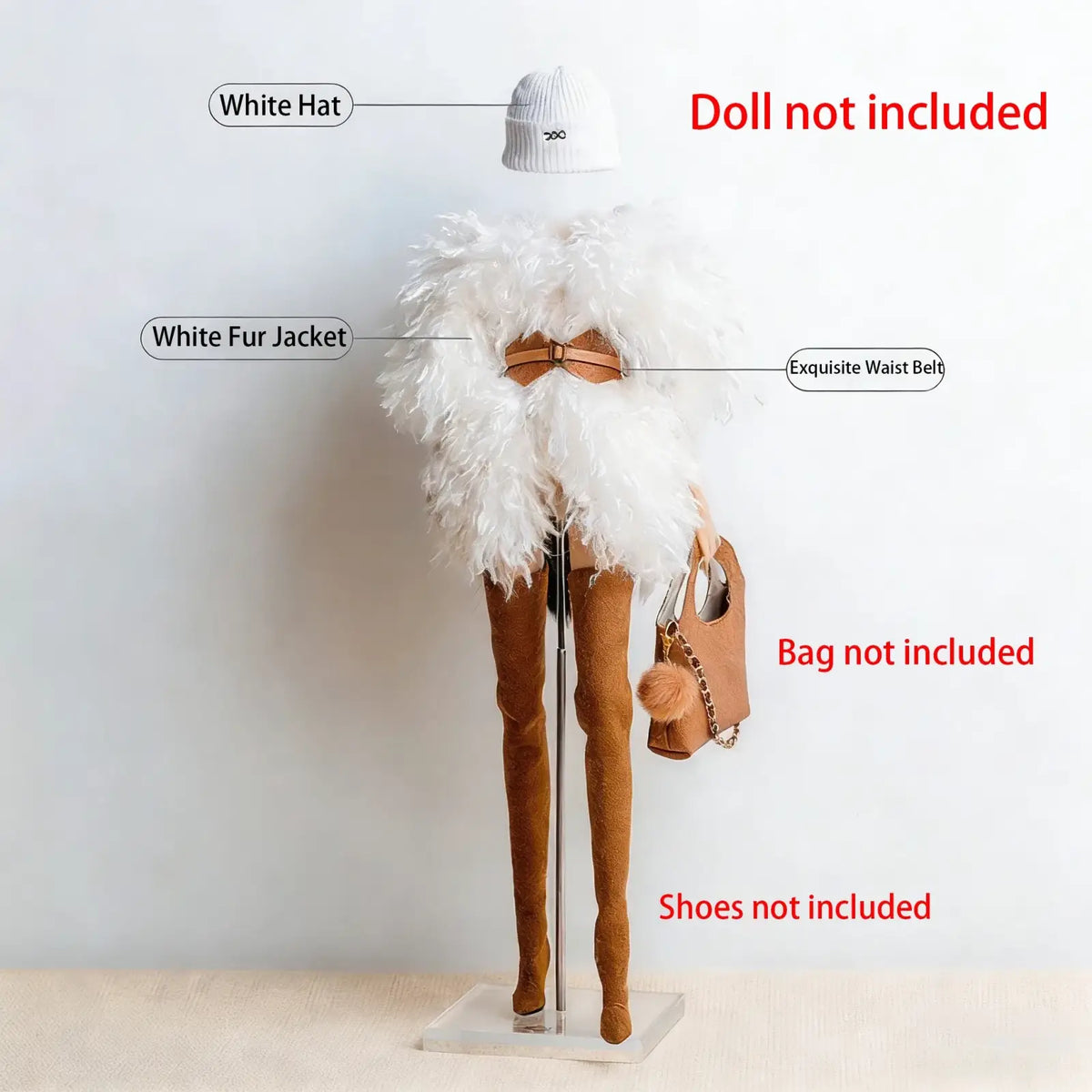 White fur jacket with fluffy texture and brown belt for 1/6 doll fall winter retro coat set front view