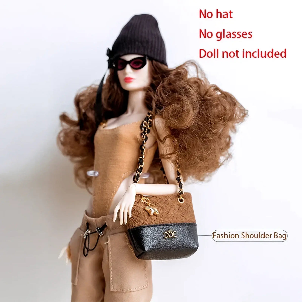 Brown and black two-tone fashion shoulder bag with gold chain strap and textured leather details for doll fall winter retro jacket set