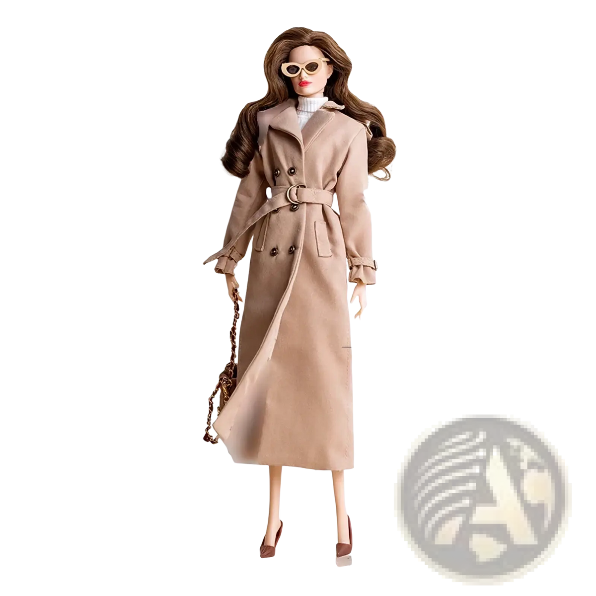 Beige classic long trench coat with double-breasted front belt detail and ruffled cuffs for 1/6 doll fall winter set