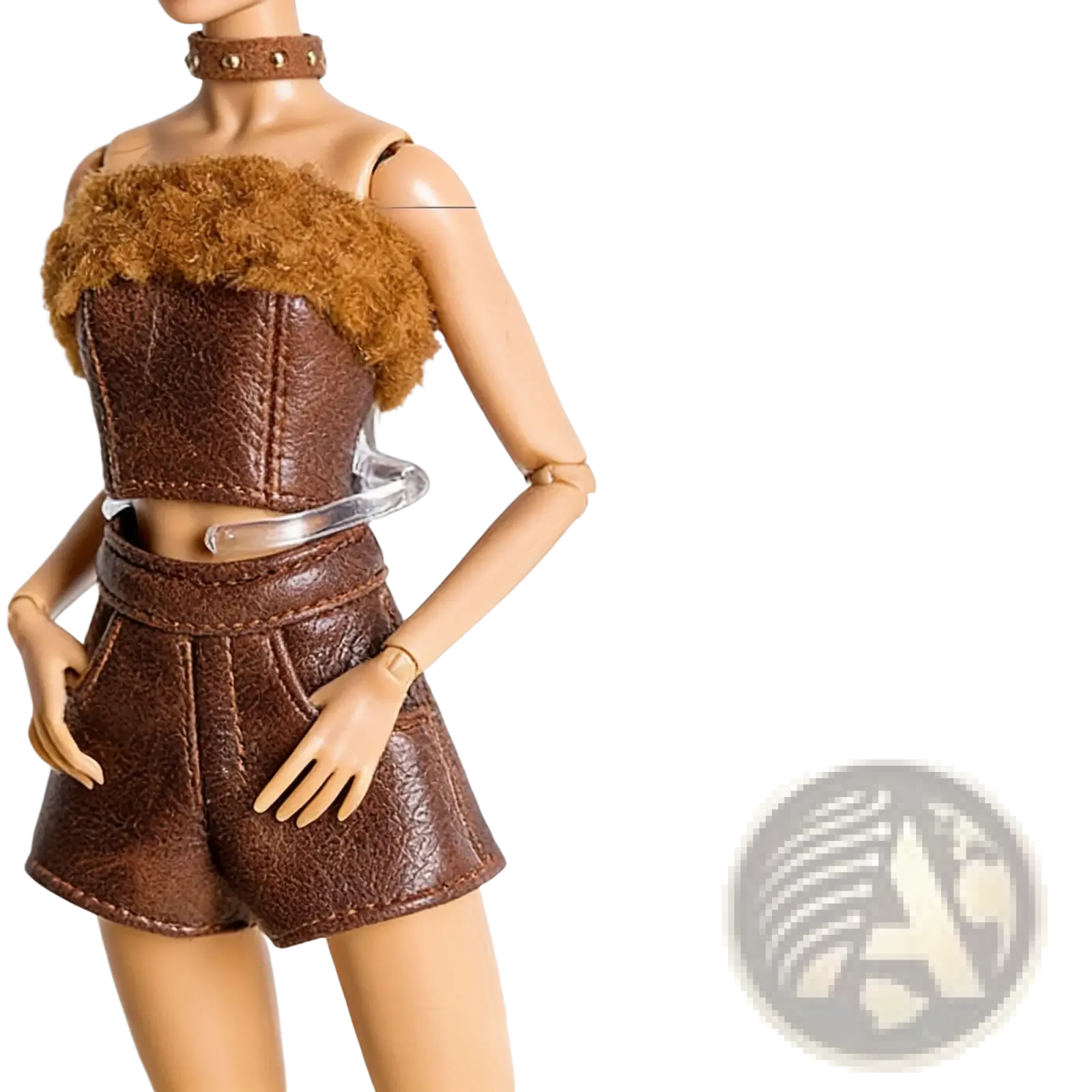 Brown faux leather 1/6 doll fall winter retro vest with fluffy brown fur trim and clear plastic belt buckle