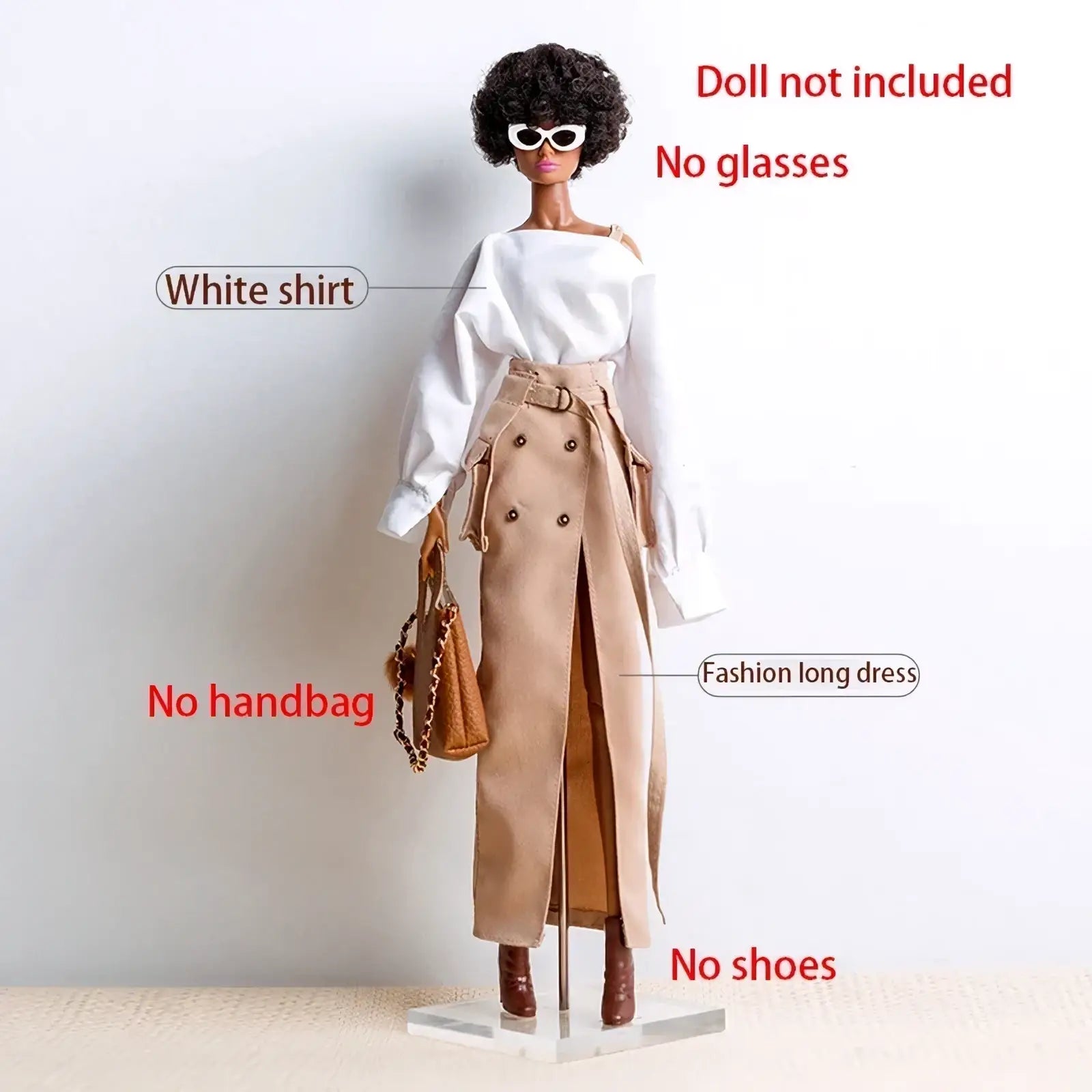 Beige double-breasted long dress with belted waist and side slit featured in 1 6 doll fall winter retro jacket coat set