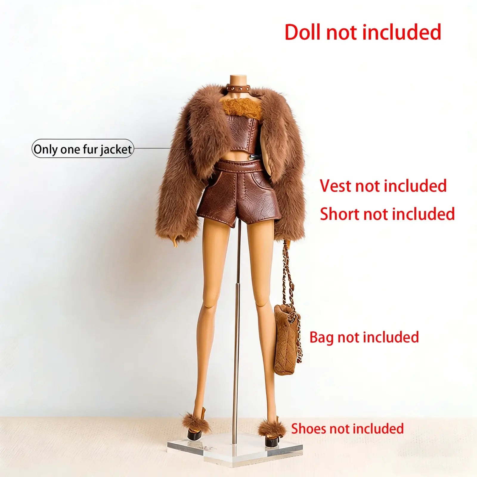 Brown faux fur jacket with matching leather bodice and shorts on a doll mannequin in 1/6 doll fall winter retro set