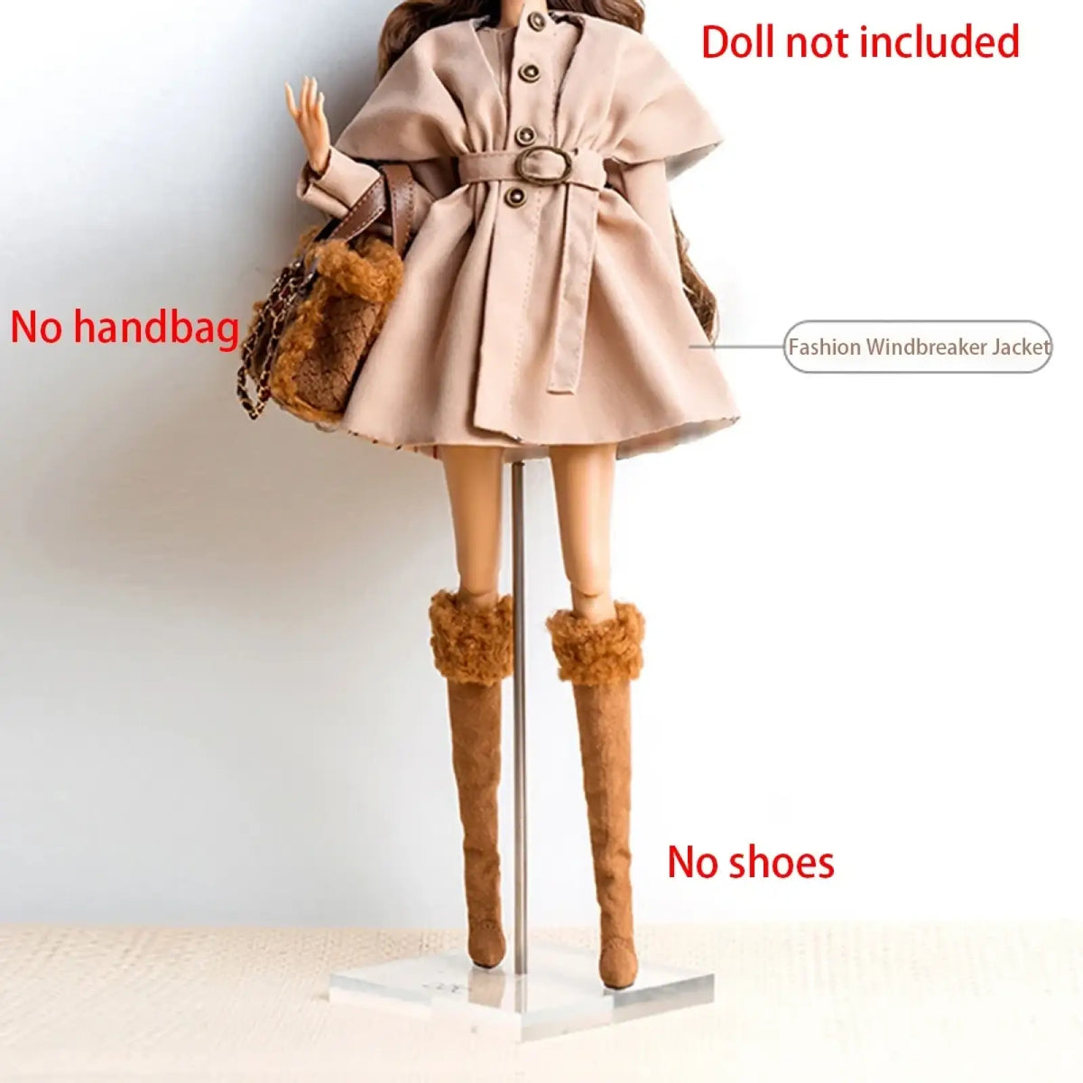 Beige fashion windbreaker jacket with belted waist and buttoned front for 1/6 doll fall winter retro coat set