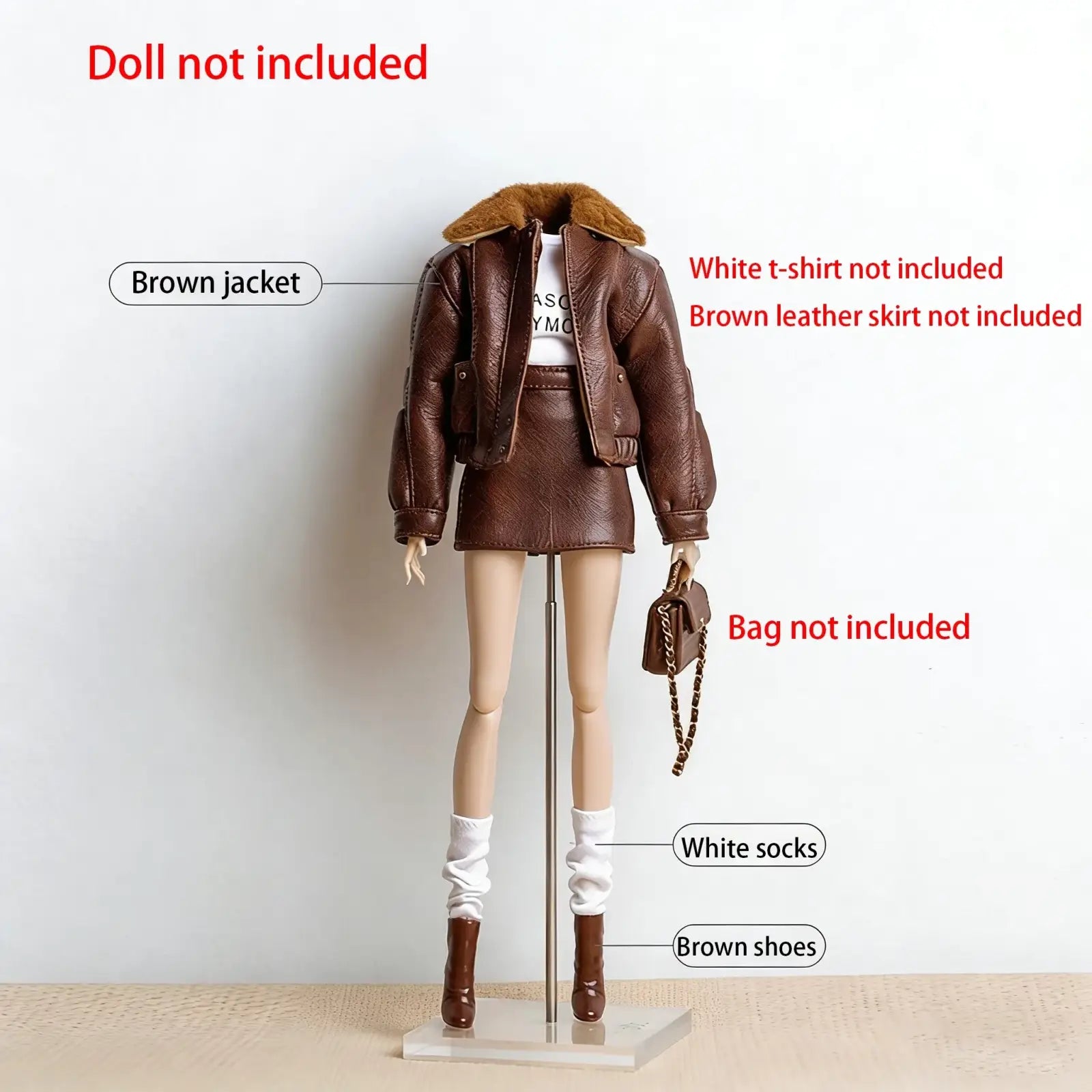 Brown faux leather 1/6 doll fall winter retro jacket coat set featuring a fur-lined collar