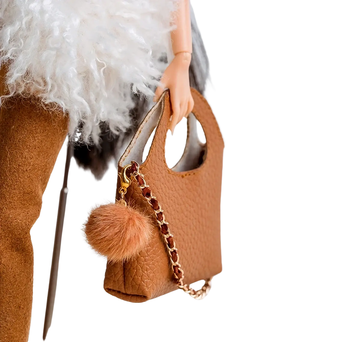 Tan leather fashion handbag with gold chain strap and fluffy brown pom-pom accent for 1/6 doll fall winter retro jacket coat set