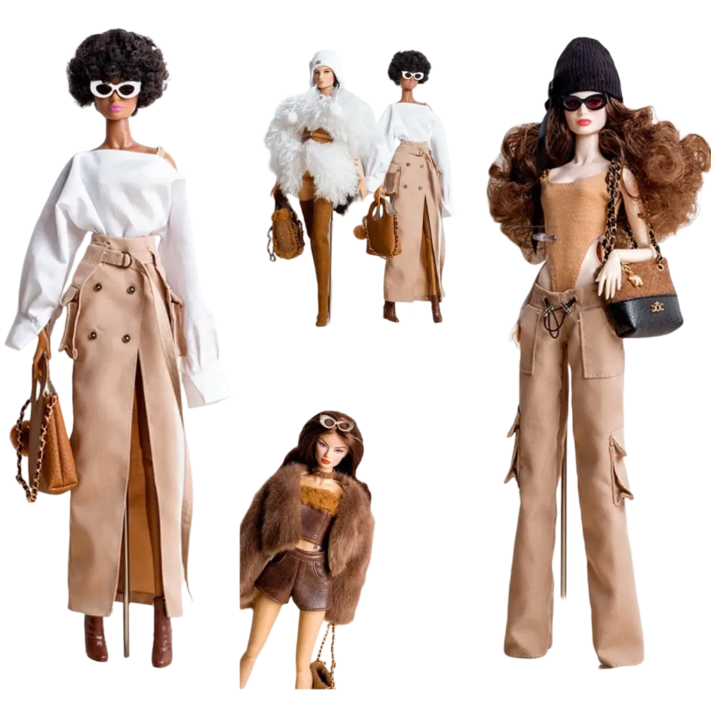 Tan trench coat with double-breasted buttons and belted waist worn over white off-the-shoulder top on 1/6 doll