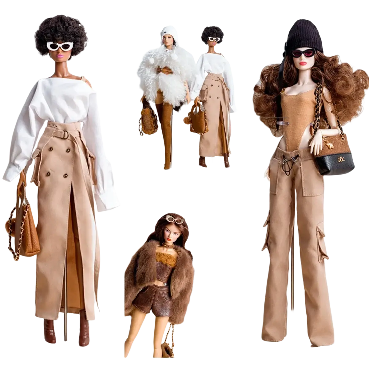 Tan trench coat with double-breasted buttons and belted waist worn over white off-the-shoulder top on 1/6 doll