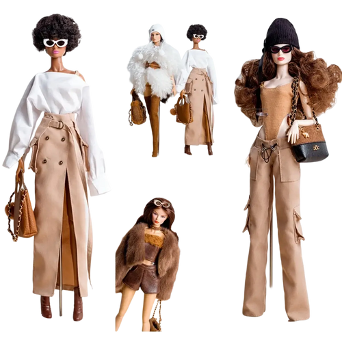 Tan trench coat with double-breasted buttons and belted waist worn over white off-the-shoulder top on 1/6 doll