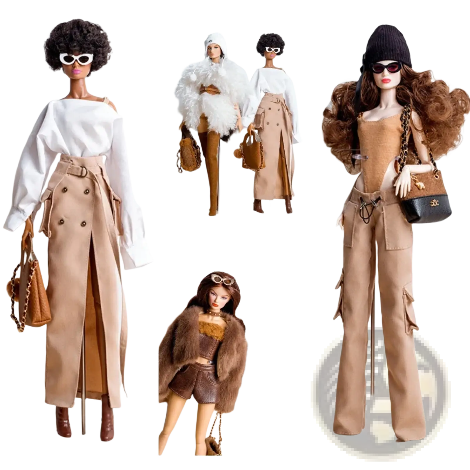 Tan trench coat with double-breasted buttons and belted waist worn over white off-the-shoulder top on 1/6 doll
