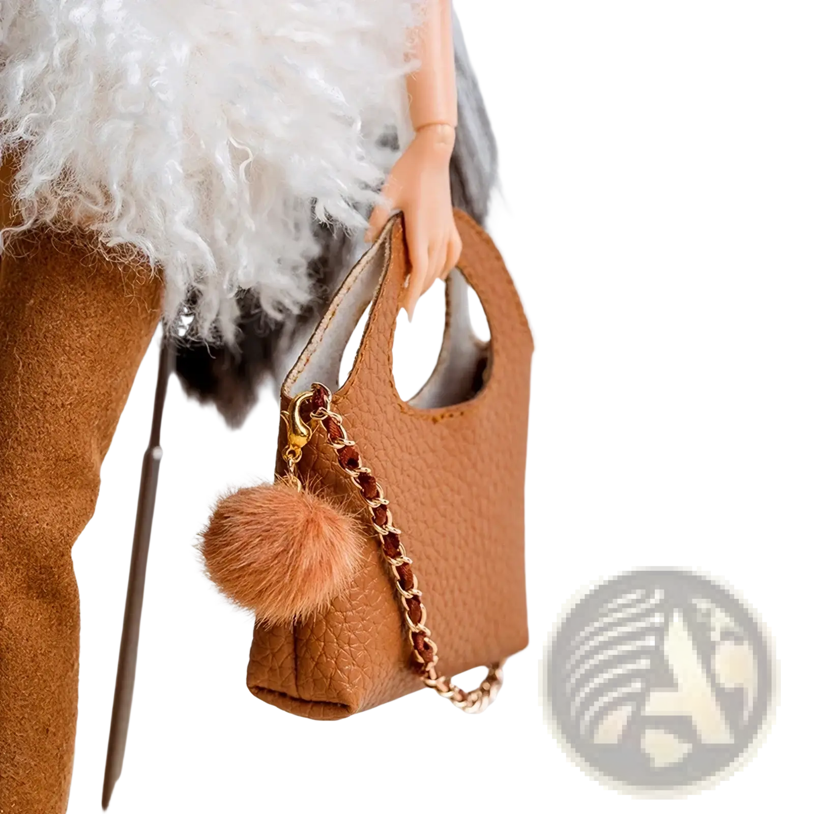Tan leather fashion handbag with gold chain strap and fluffy brown pom-pom accent for 1/6 doll fall winter retro jacket coat set