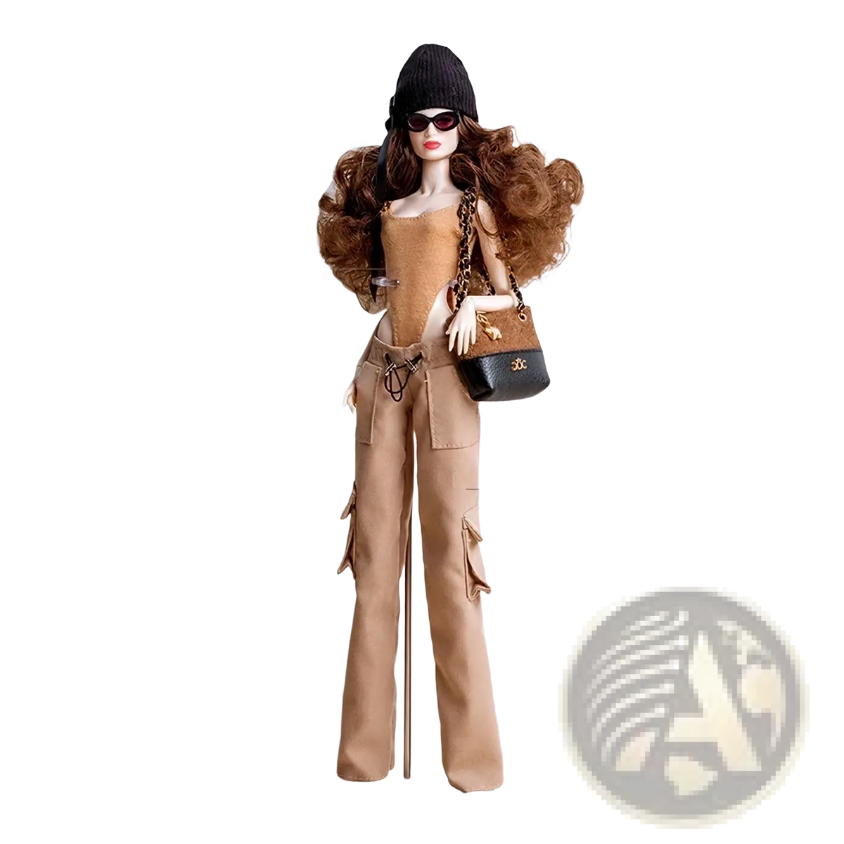 A fashion doll with long brown curly hair wearing sunglasses and a black beanie in a 1/6 doll fall winter retro jacket set