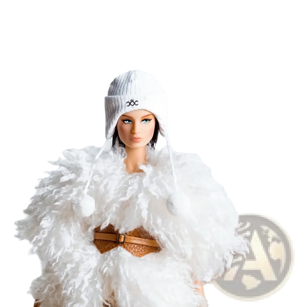 White knit beanie with black logo and ear flaps from 1/6 doll fall winter retro jacket coat set