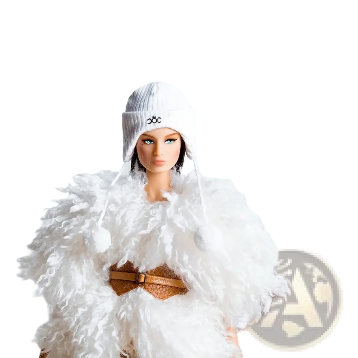 White knit beanie with black logo and ear flaps from 1/6 doll fall winter retro jacket coat set