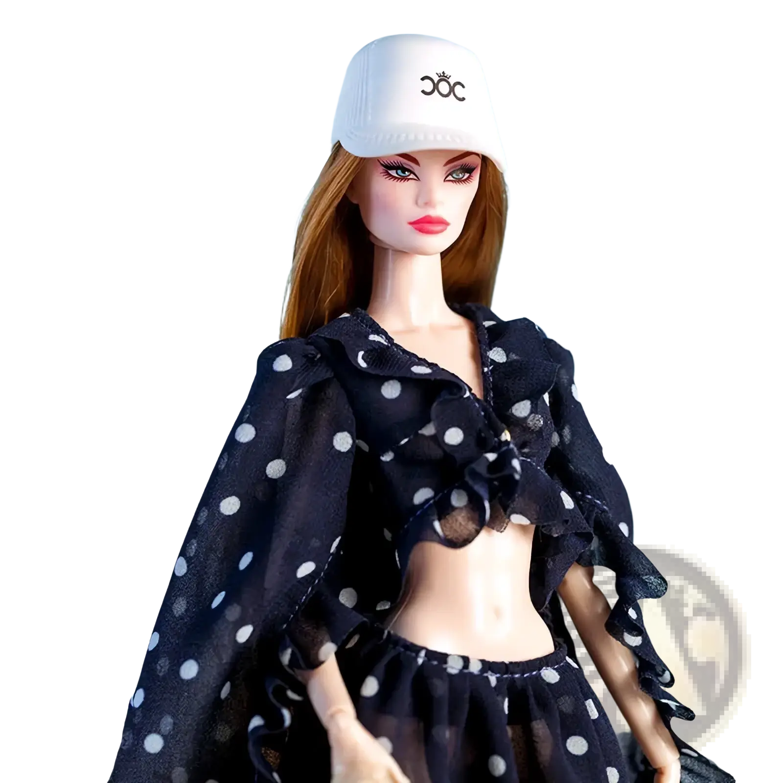 White baseball cap with black embroidered logo, part of 1/6 doll handbag and hat fashion accessories