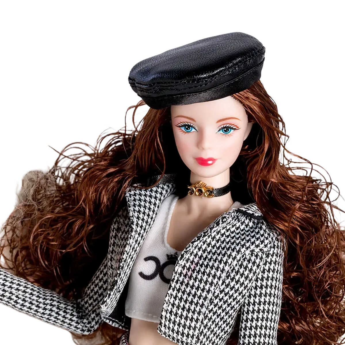 Black leather beret with smooth glossy finish and stitched edges for 1/6 doll handbag and hat accessory