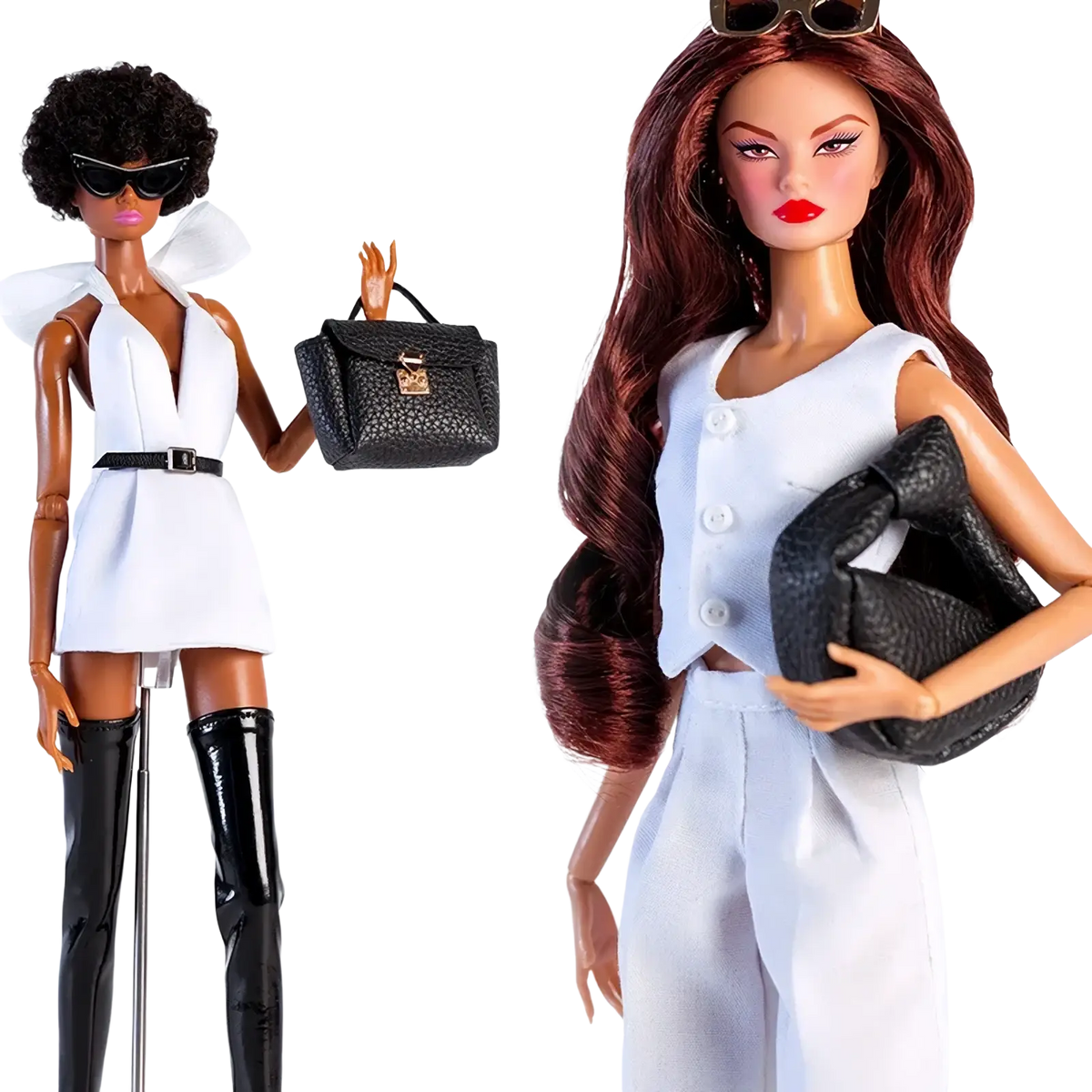 Black textured 1/6 doll handbag with gold-tone clasp made of synthetic leather for fashion accessories