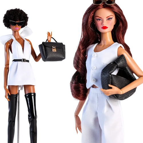 Black textured 1/6 doll handbag with gold-tone clasp made of synthetic leather for fashion accessories