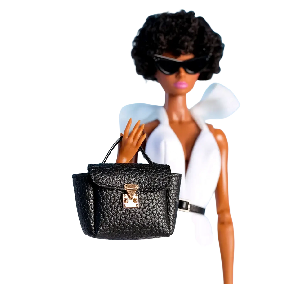 Black textured leather 1/6 doll handbag with gold-tone clasp and handles for fashion accessories set