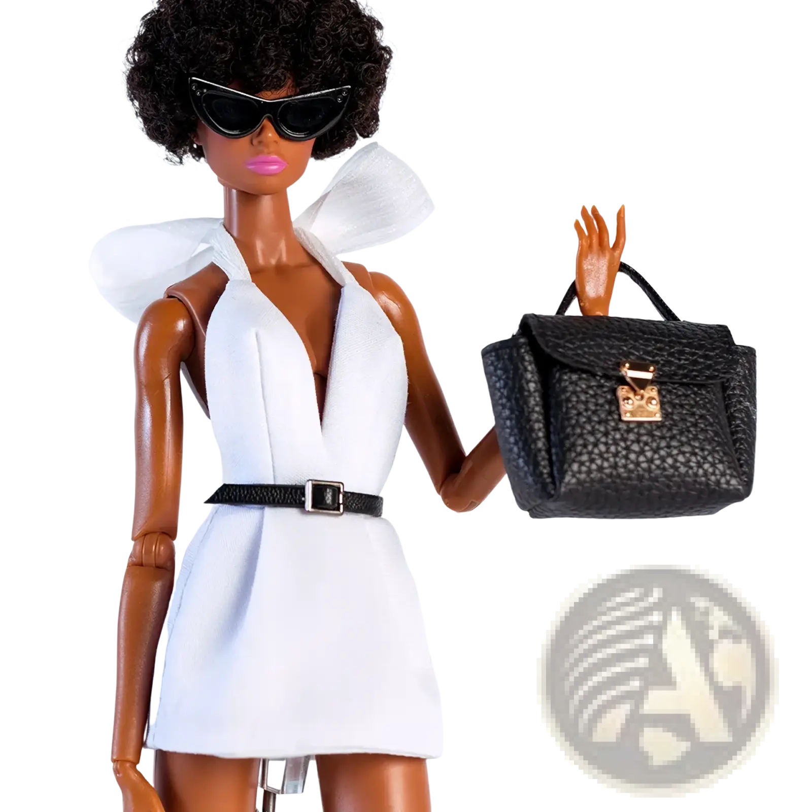 Black textured 1/6 doll handbag with gold-tone clasp and handles, ideal fashion accessory for doll outfits