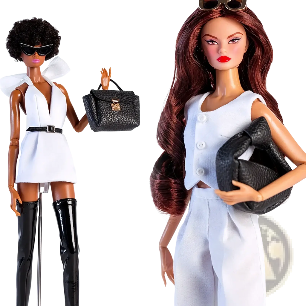 Black textured 1/6 doll handbag with gold-tone clasp made of synthetic leather for fashion accessories