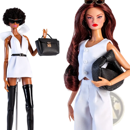 Black textured 1/6 doll handbag with gold-tone clasp made of synthetic leather for fashion accessories