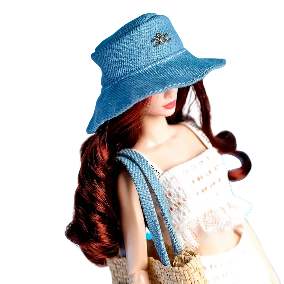 Blue denim fisherman hat with small metallic bee pin for 1/6 doll handbag and hat fashion accessories