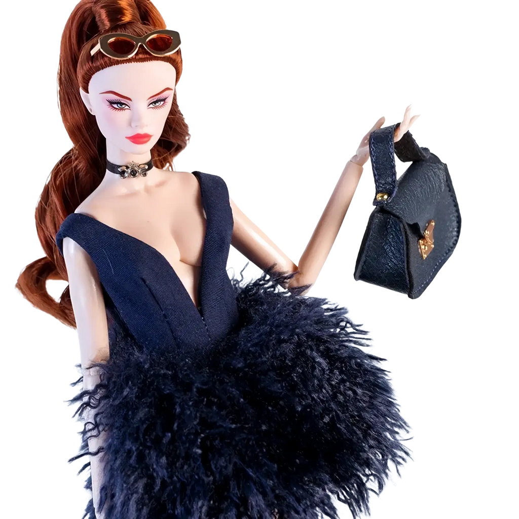 Dark blue textured mini 1/6 doll handbag with gold-tone hardware and flap closure for fashion accessories