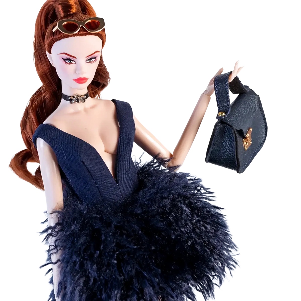 Dark blue textured mini 1/6 doll handbag with gold-tone hardware and flap closure for fashion accessories