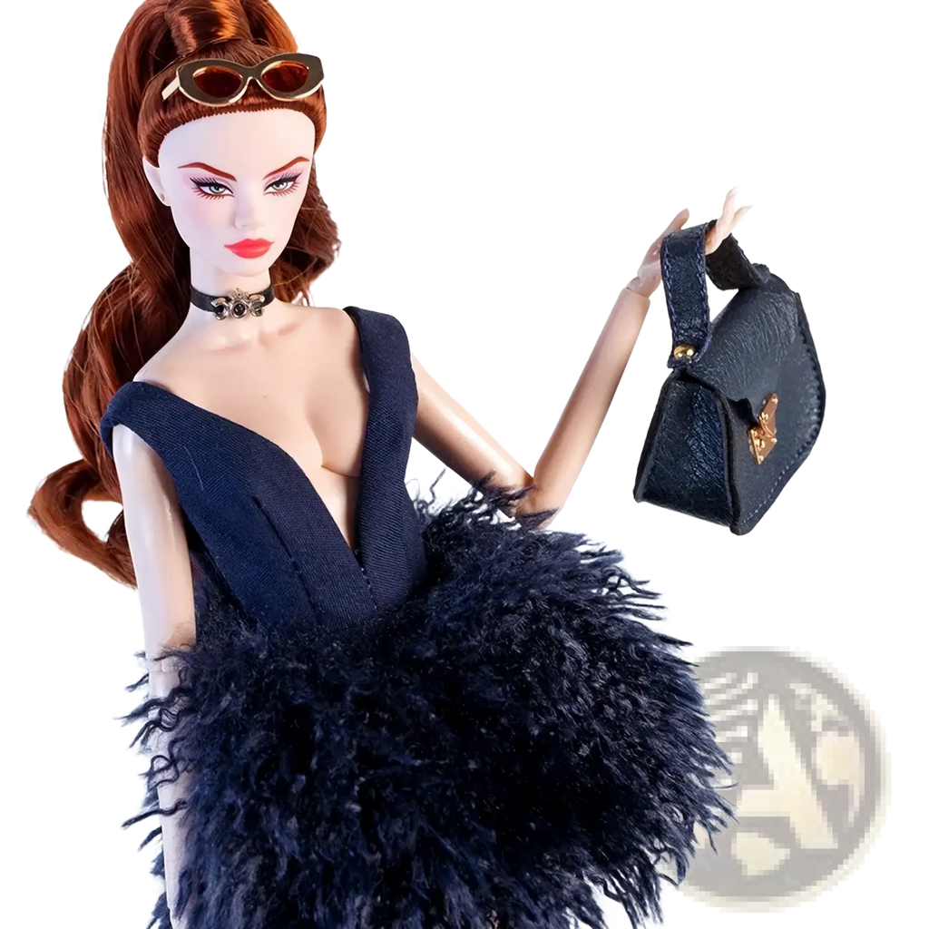 Dark blue textured mini 1/6 doll handbag with gold-tone hardware and flap closure for fashion accessories