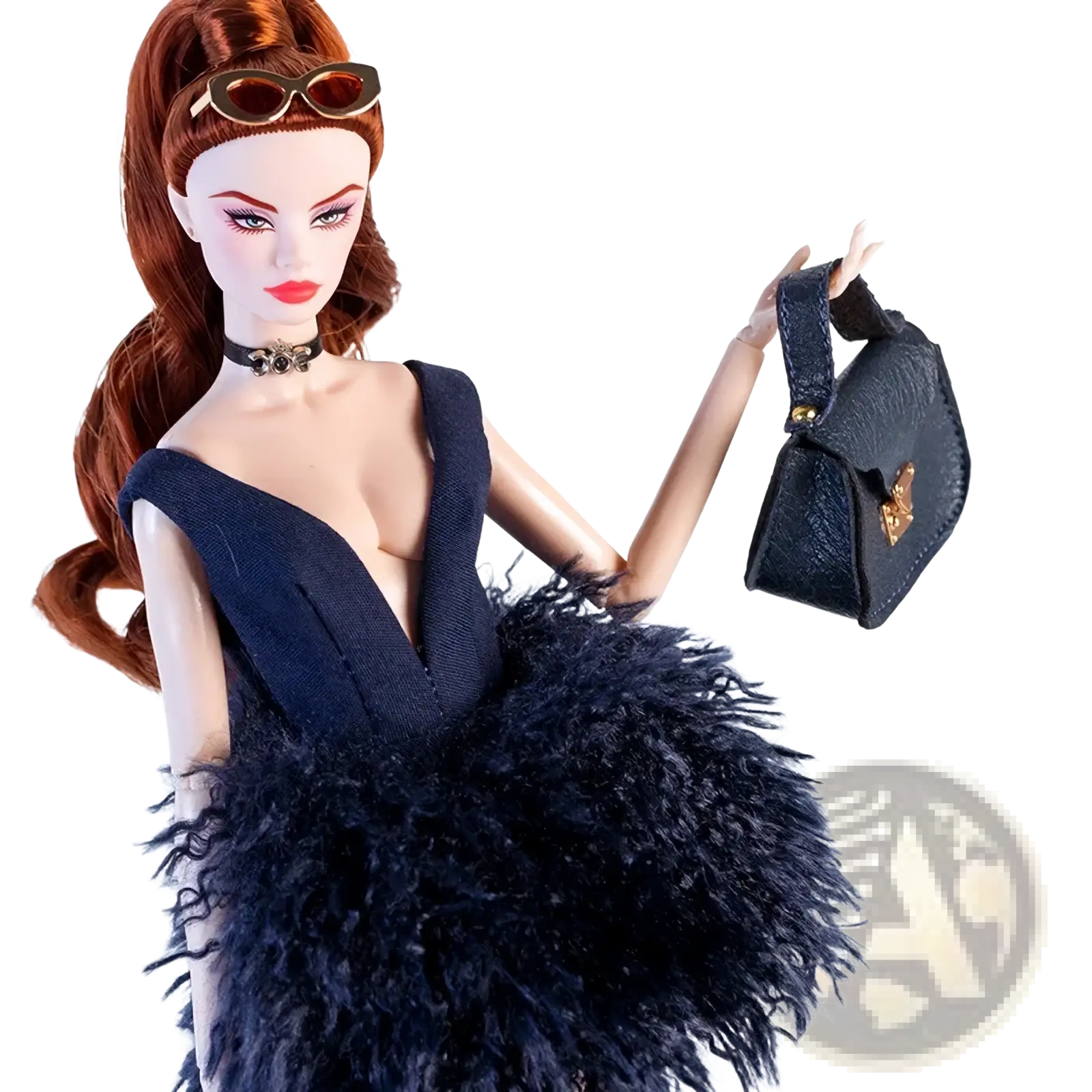 Dark blue textured mini 1/6 doll handbag with gold-tone hardware and flap closure for fashion accessories