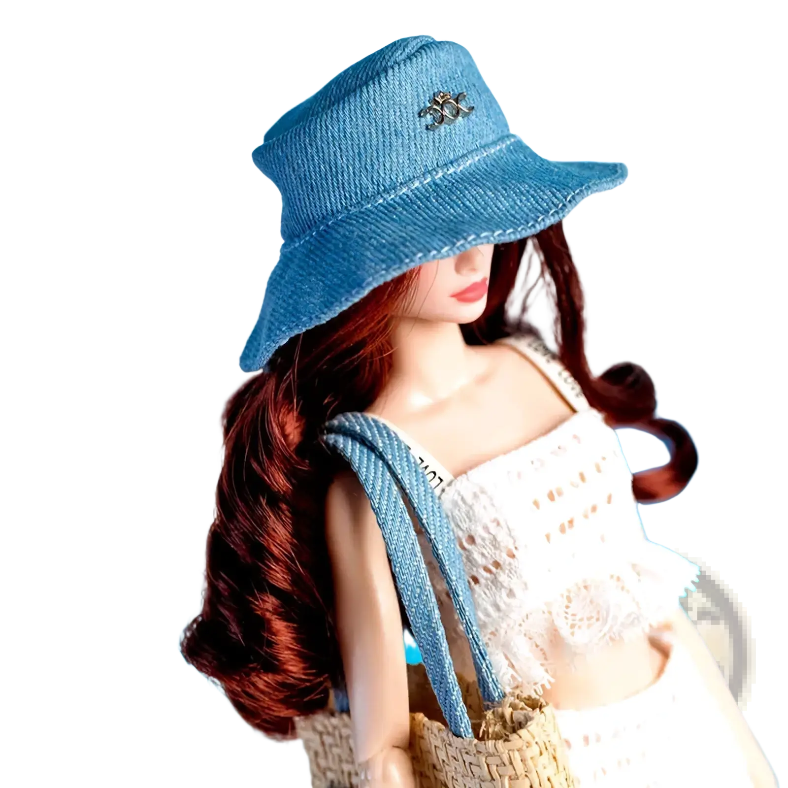 Blue denim fisherman hat with small metallic bee pin for 1/6 doll handbag and hat fashion accessories