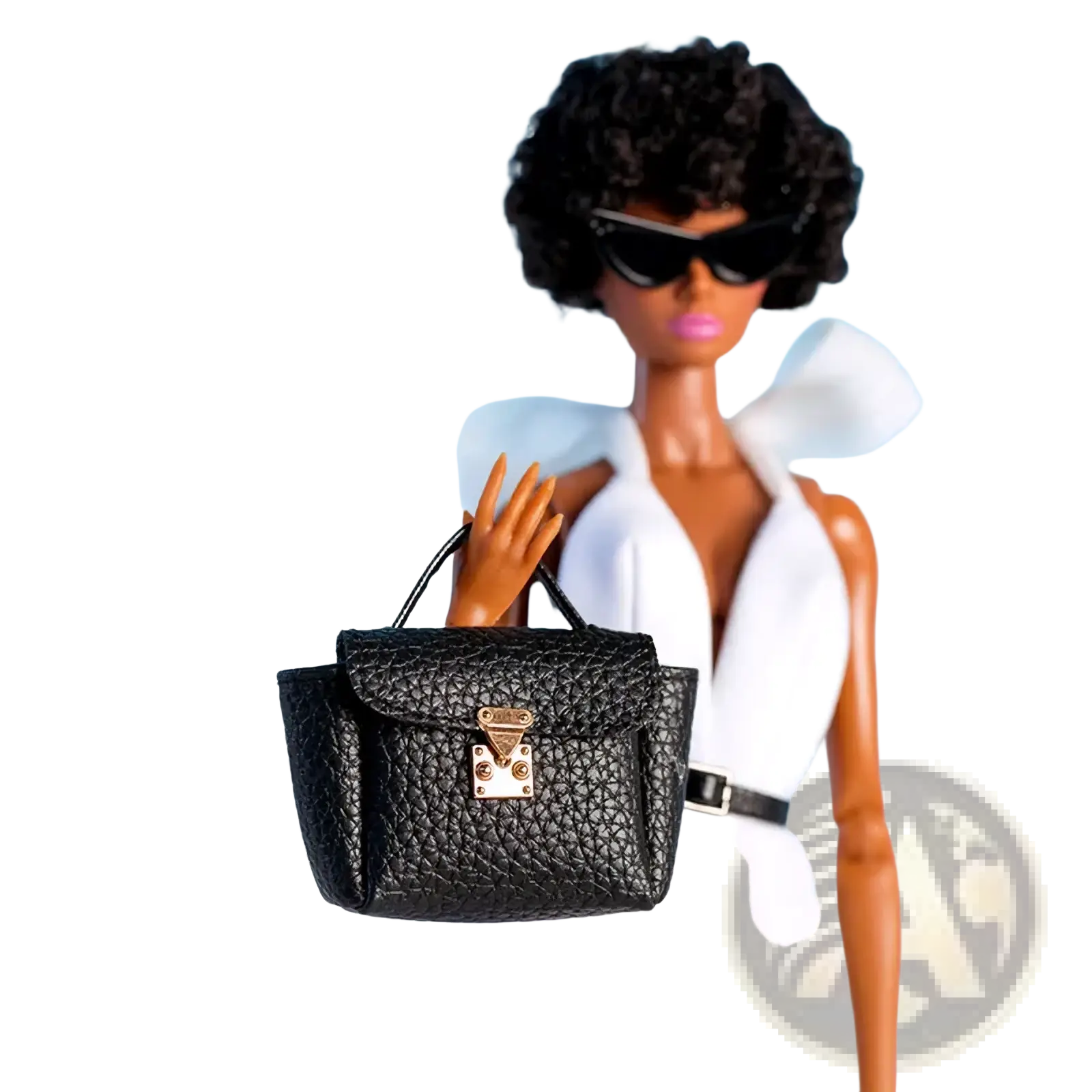 Black textured leather 1/6 doll handbag with gold-tone clasp and handles for fashion accessories set