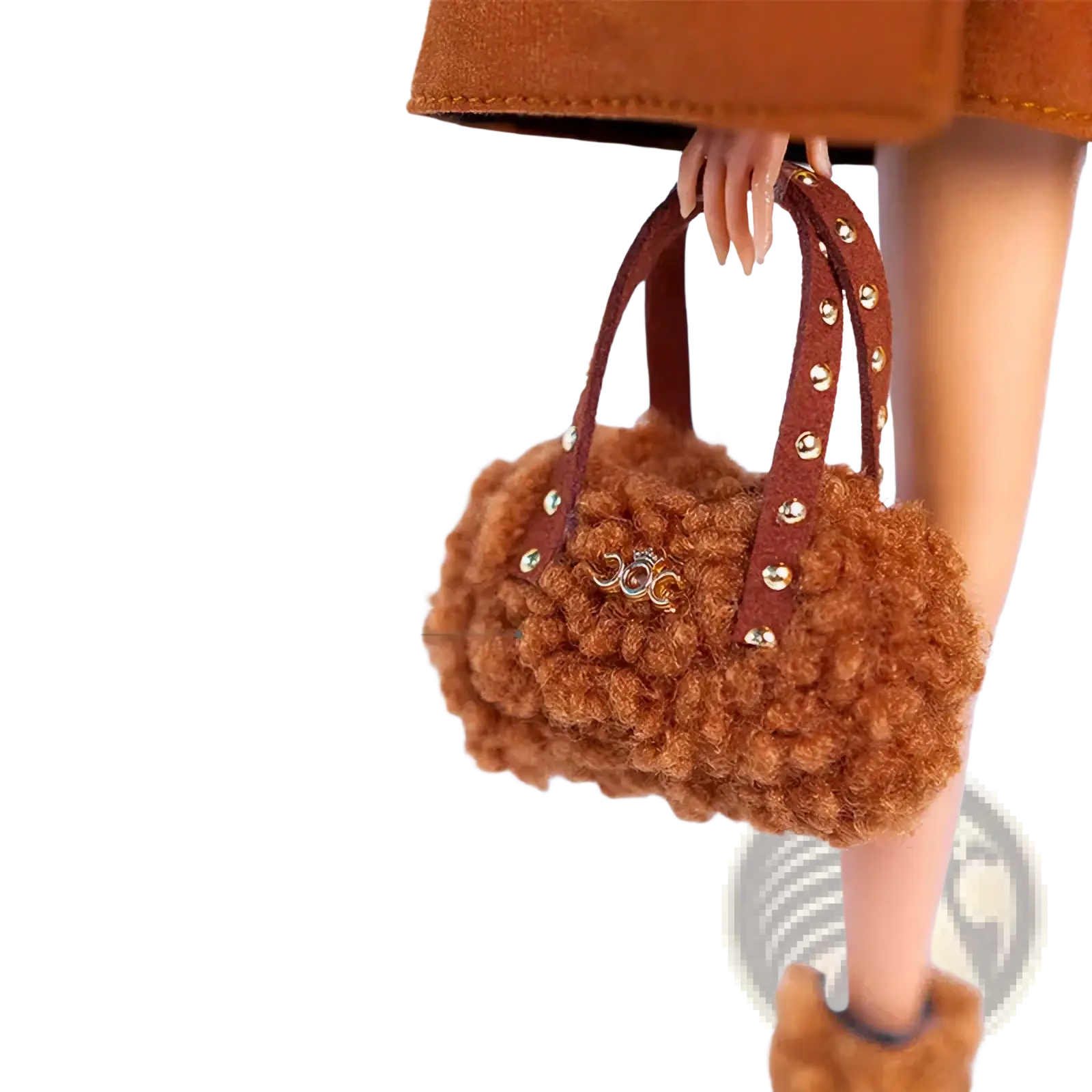 A caramel curly fur 1/6 doll handbag with brown leather straps and gold-tone studs fashion accessory