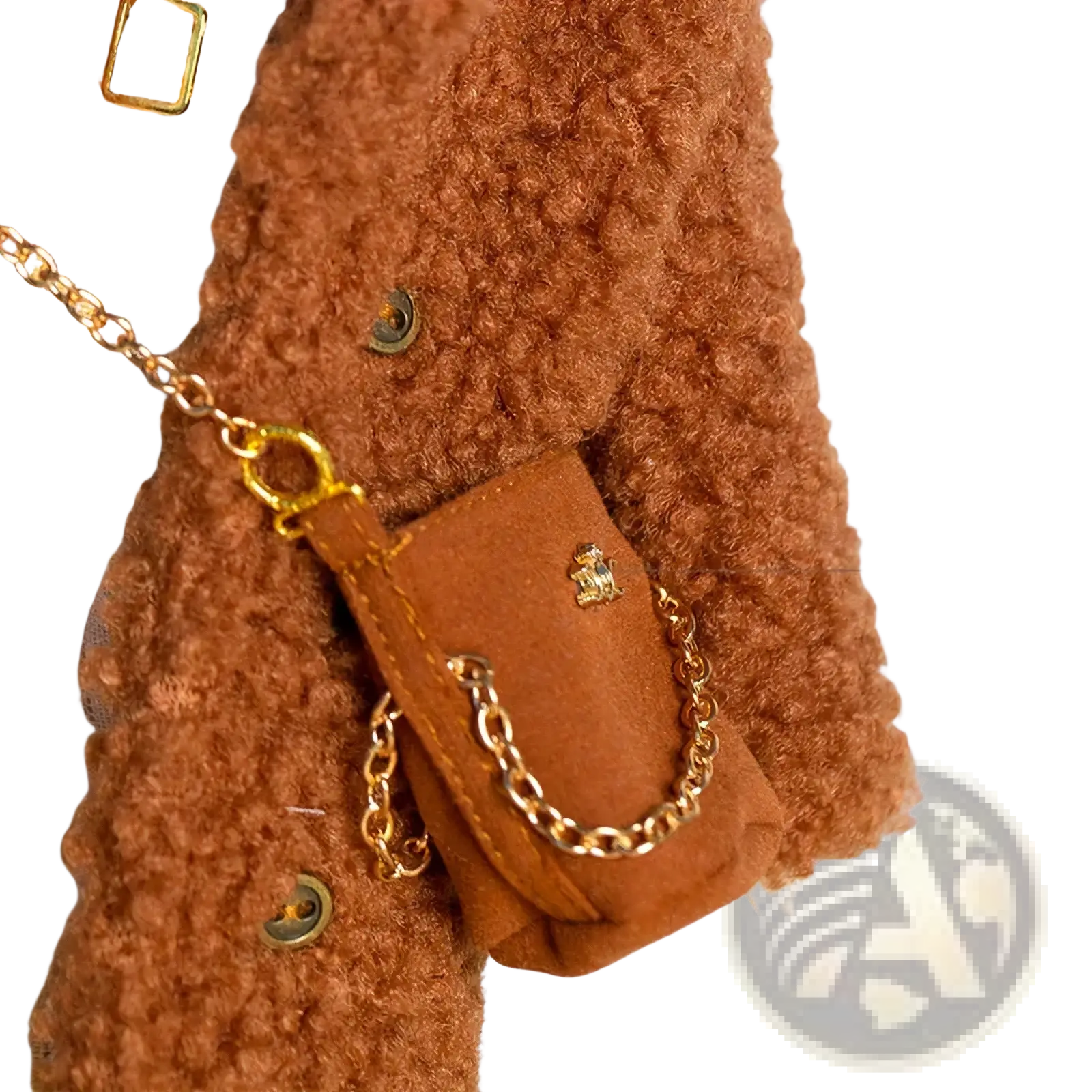 A miniature brown suede bucket bag with gold-tone chain straps and metallic emblem for 1/6 doll fashion accessories
