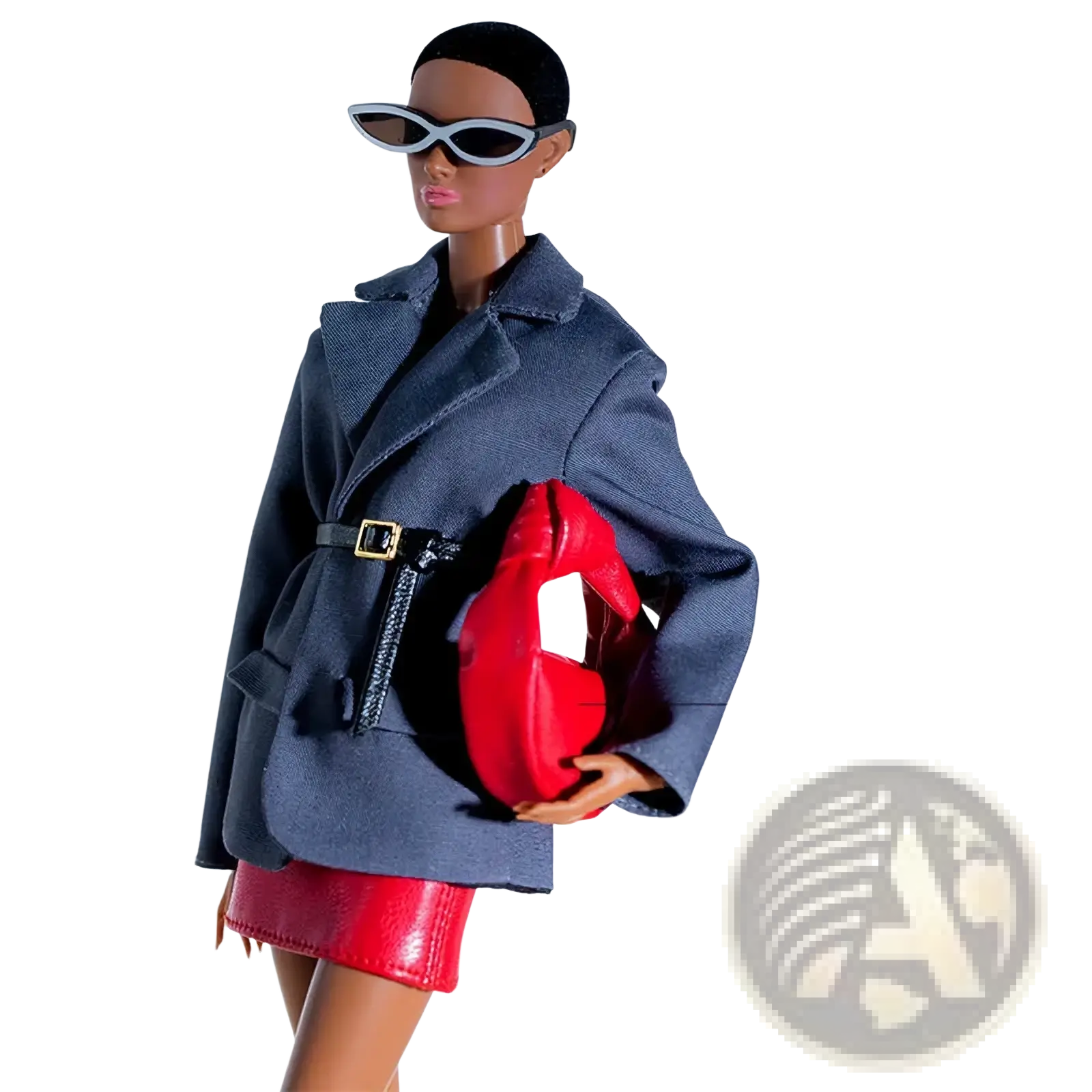 Vibrant red leather-like 1/6 doll handbag with glossy finish and structured heart-shaped design fashion accessory