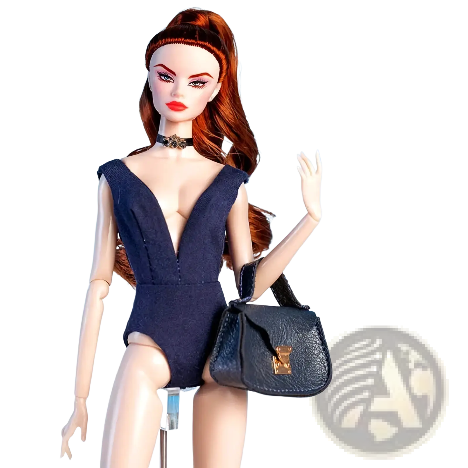 Hidden blue 1/6 doll handbag with textured surface and gold-tone clasp as fashion accessory