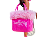 A shiny pink 1/6 doll handbag with fluffy pink fur trim and silver supermodel embroidery fashion accessory