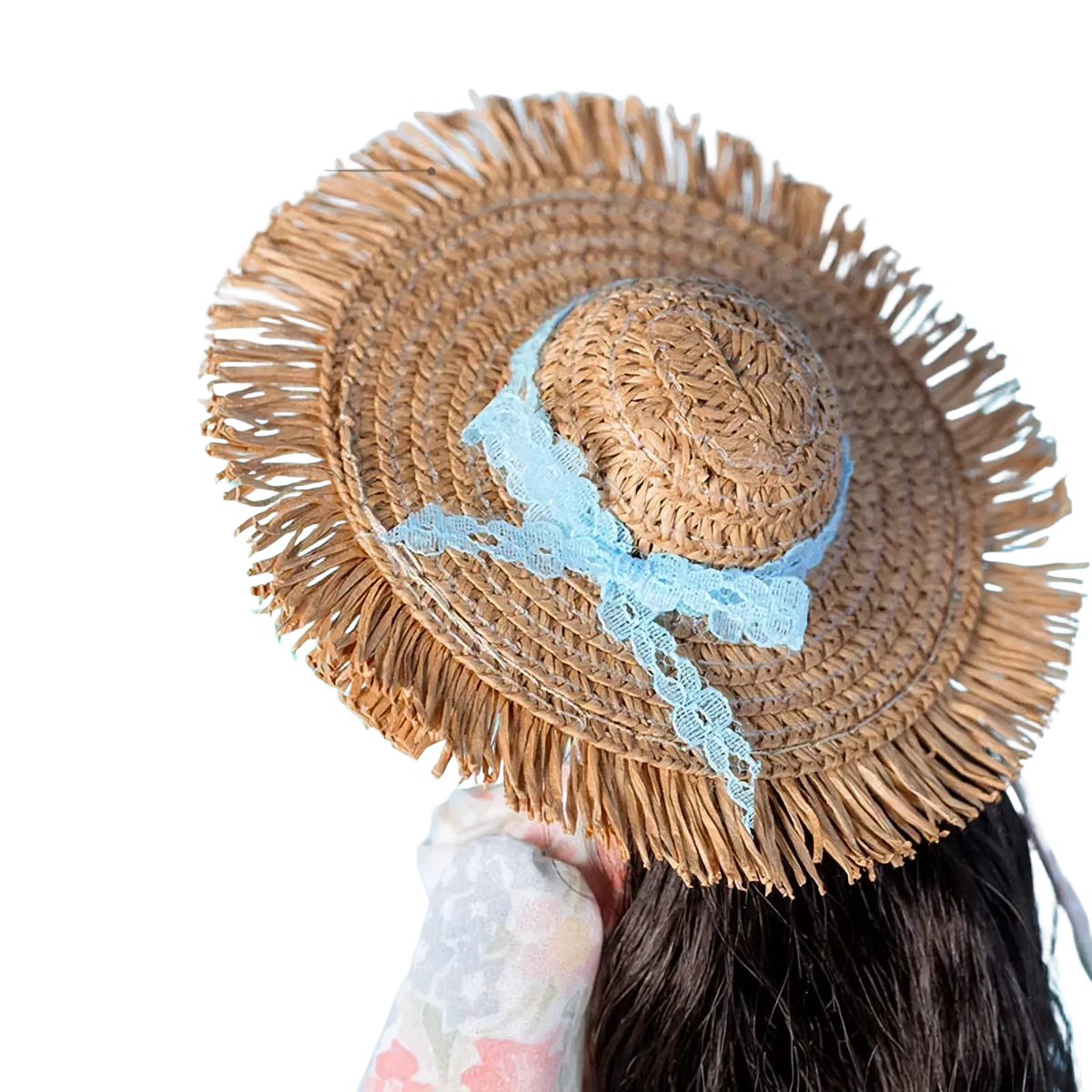 Khaki beach straw hat with a delicate light blue lace bow for 1/6 doll handbag and hat fashion accessories
