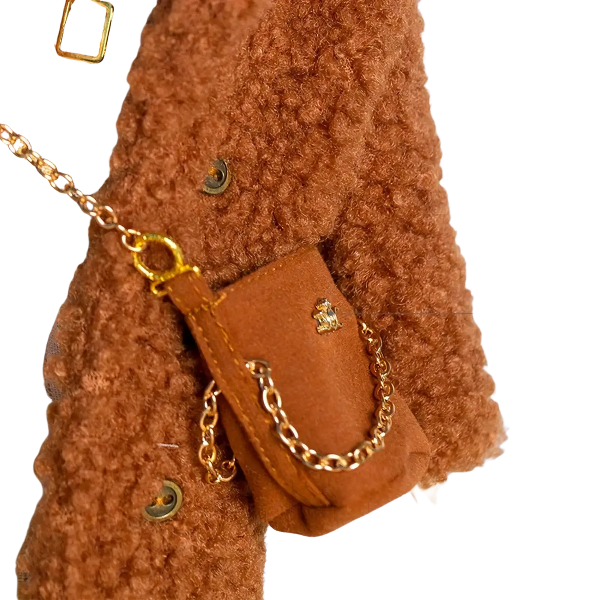 A miniature brown suede bucket bag with gold-tone chain straps and metallic emblem for 1/6 doll fashion accessories