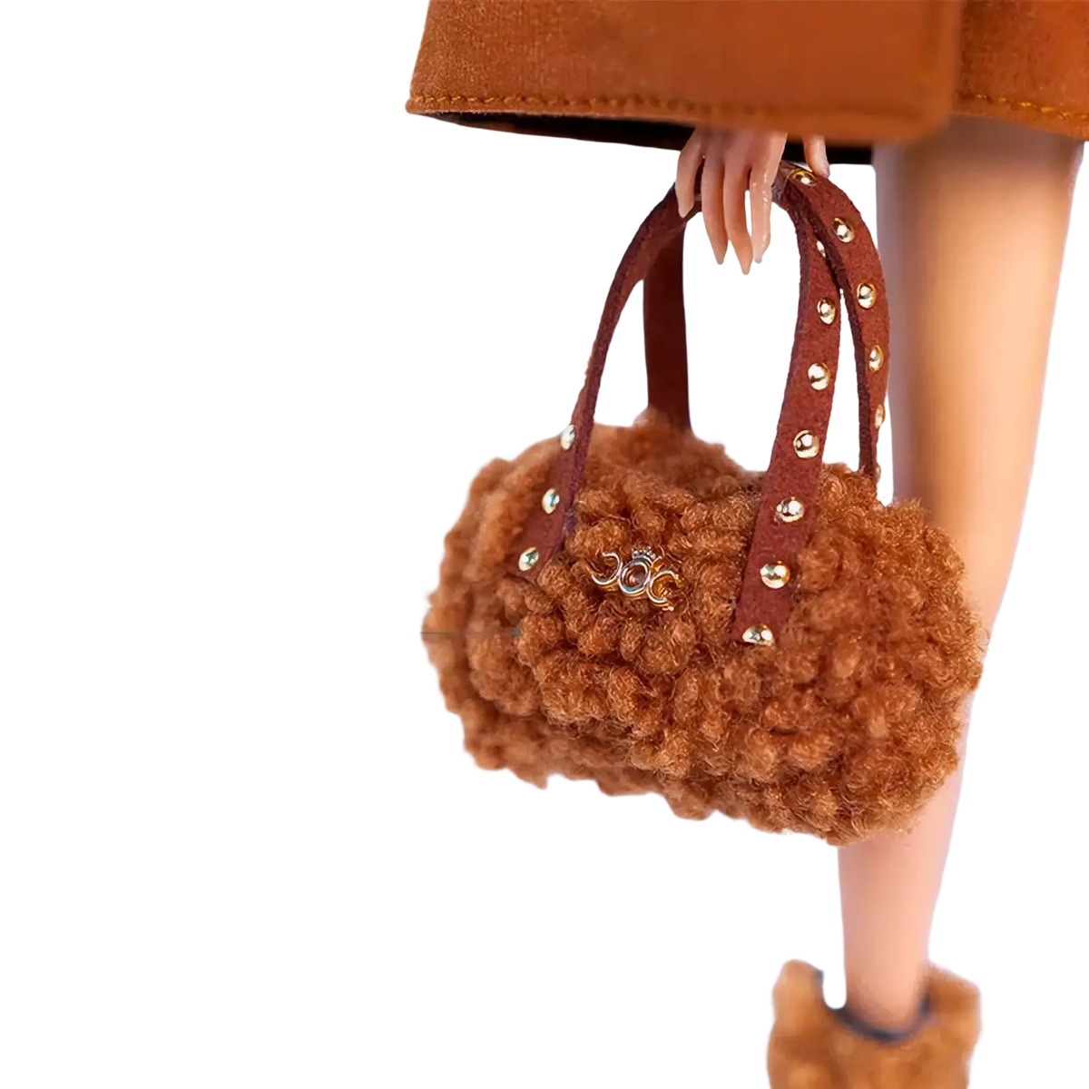 A caramel curly fur 1/6 doll handbag with brown leather straps and gold-tone studs fashion accessory