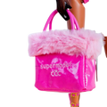 A shiny pink 1/6 doll handbag with fluffy pink fur trim and silver supermodel embroidery fashion accessory