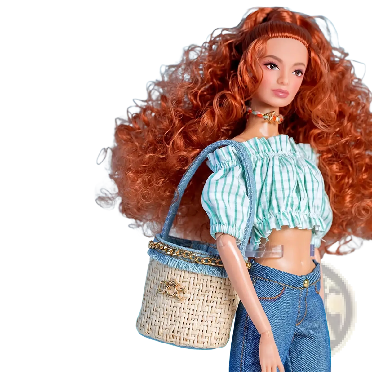 Woven denim 1/6 doll shoulder bag with light blue woven handle and gold chain accents fashion accessory