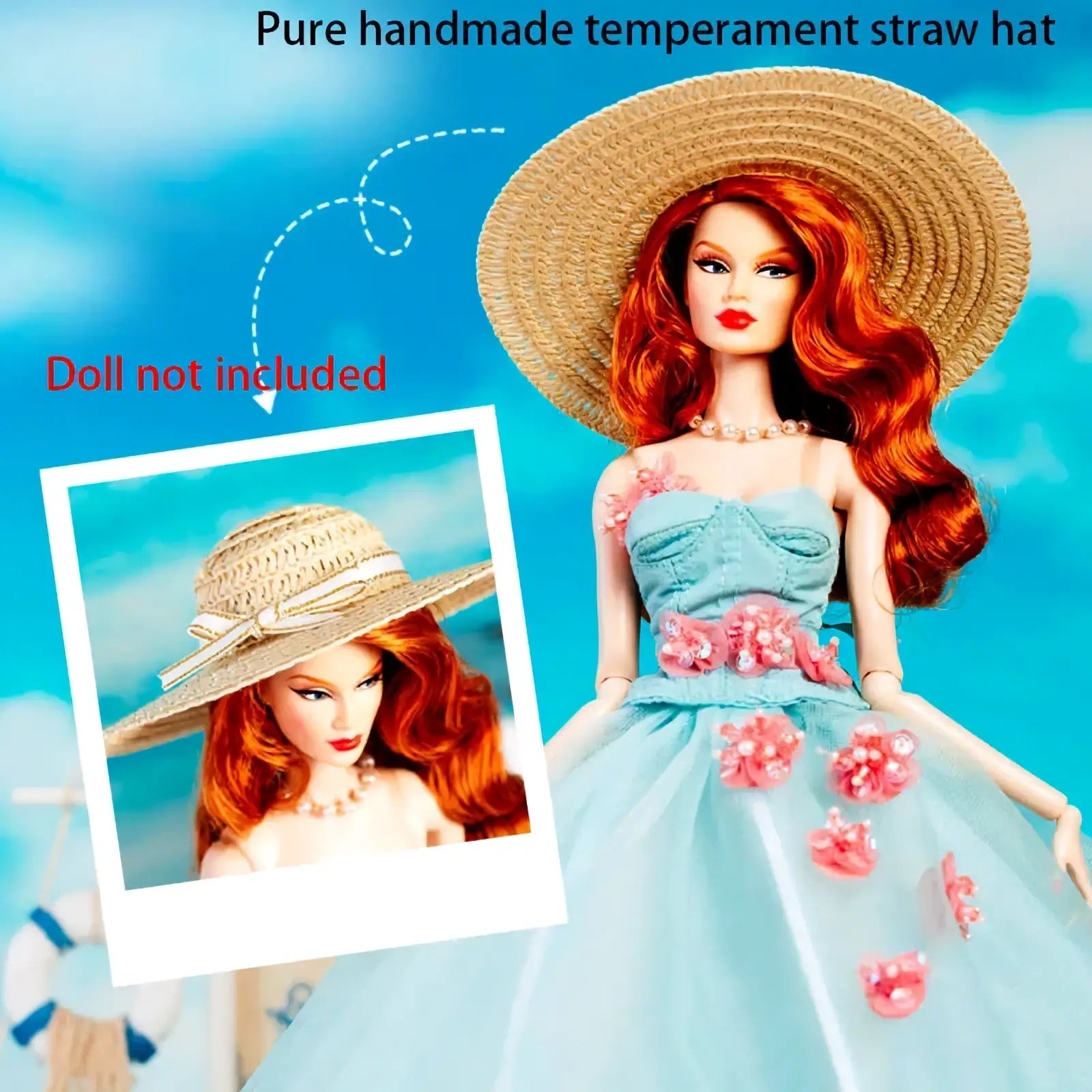 Handmade straw hat with wide brim and decorative ribbon band for 1/6 doll handbag and hat fashion accessories