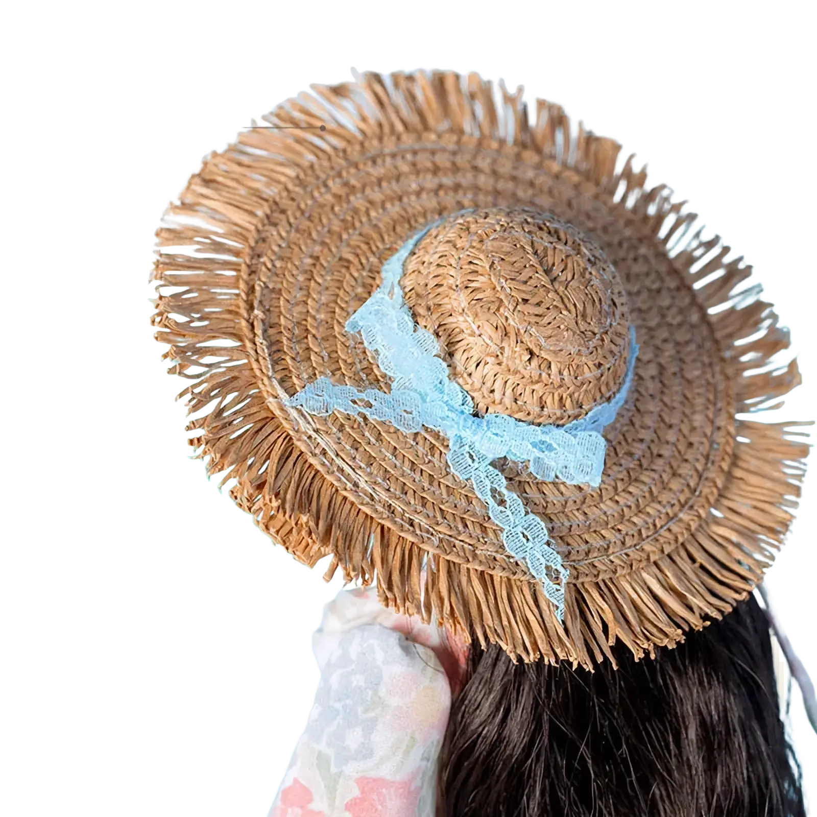 Khaki beach straw hat with a delicate light blue lace bow for 1/6 doll handbag and hat fashion accessories