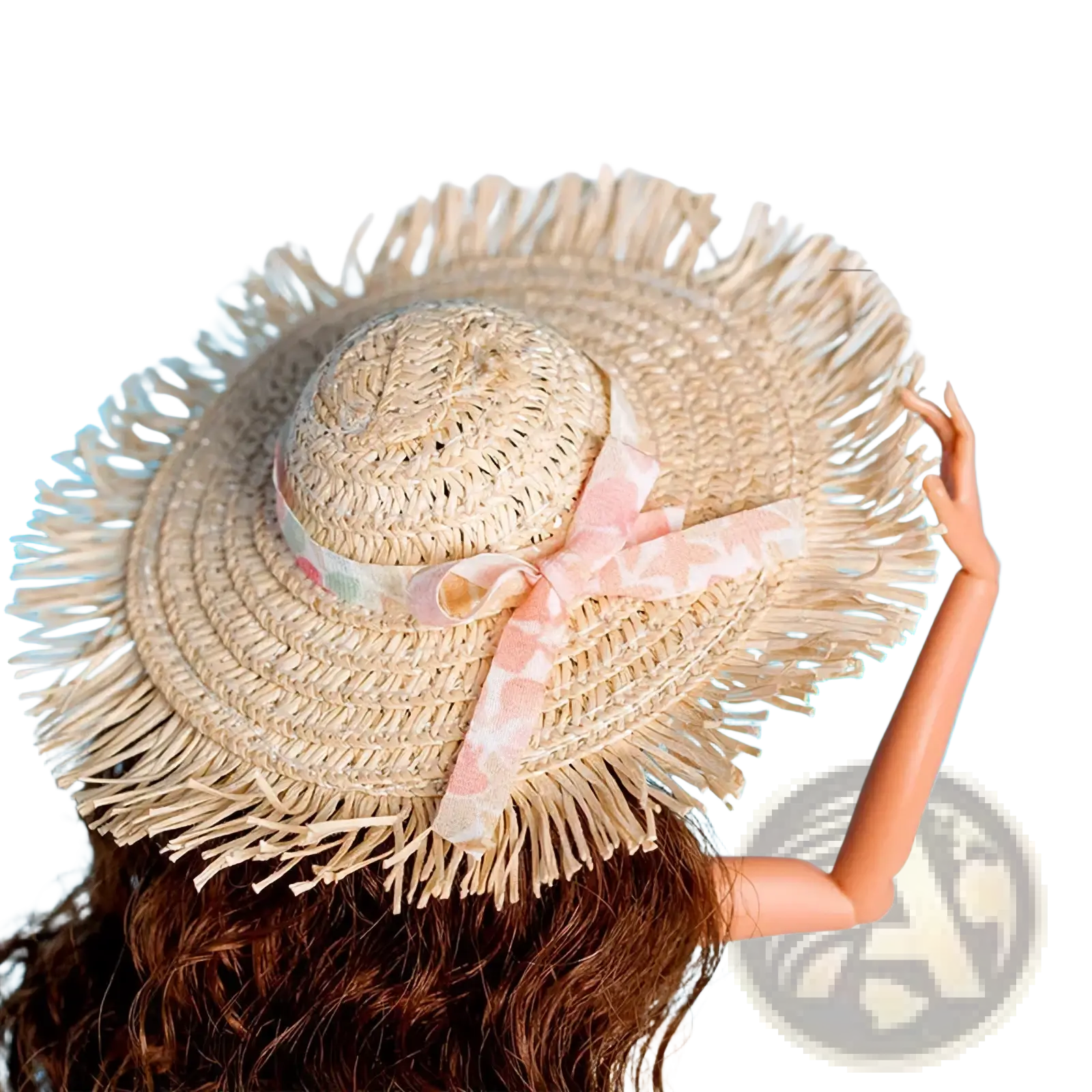 Handmade straw hat with frayed brim and pink patterned ribbon bow for 1/6 doll handbag and hat fashion accessories