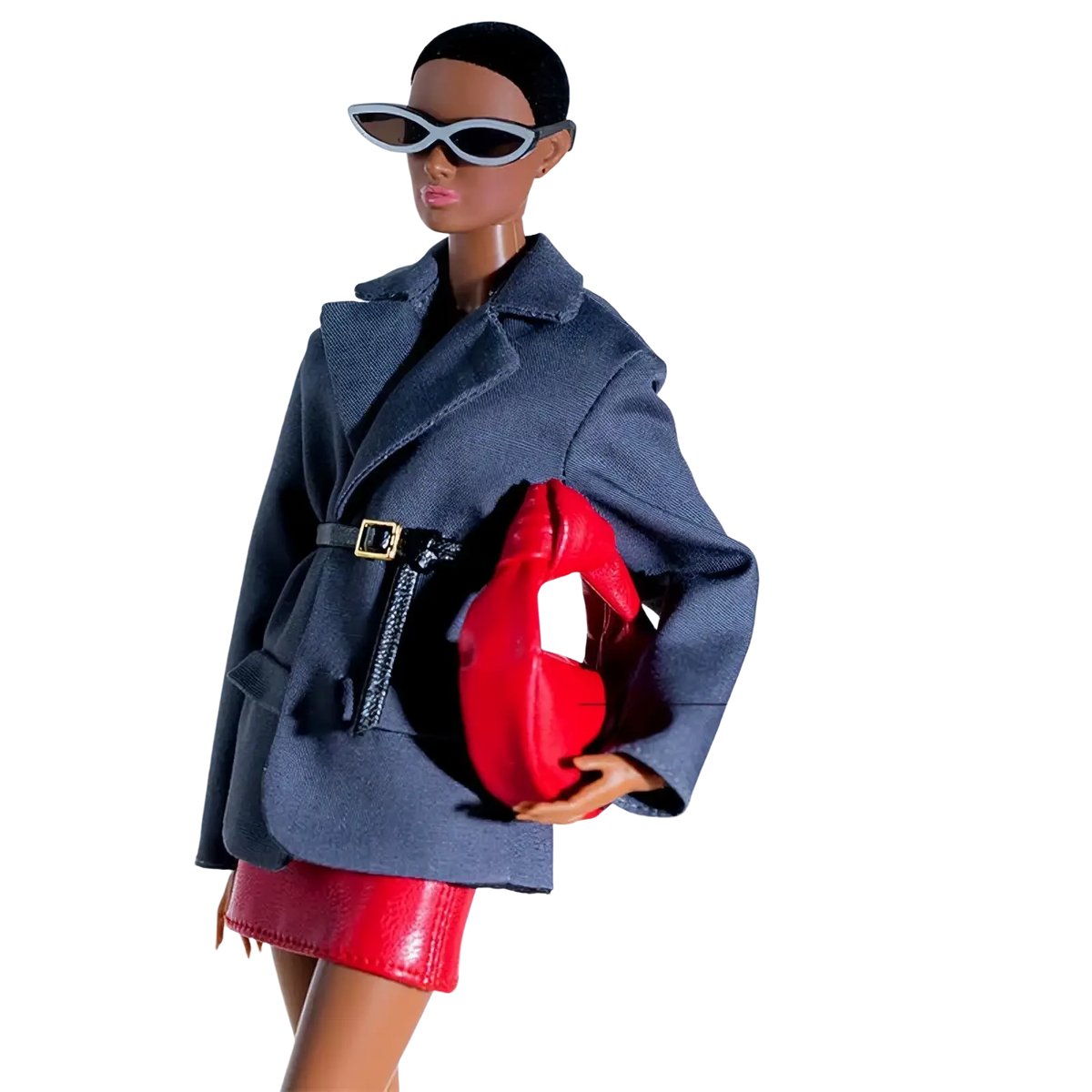 Vibrant red leather-like 1/6 doll handbag with glossy finish and structured heart-shaped design fashion accessory
