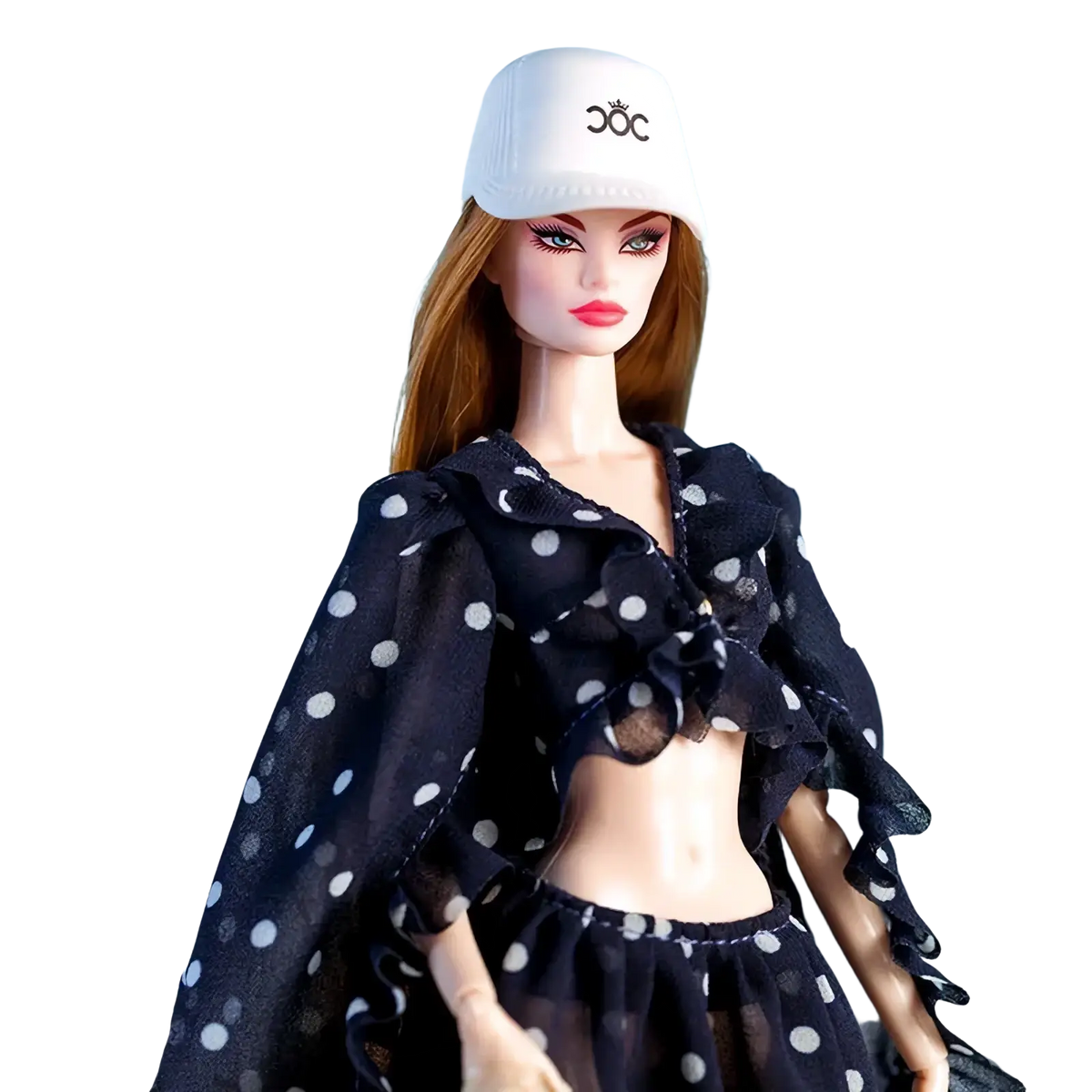 White baseball cap with black embroidered logo, part of 1/6 doll handbag and hat fashion accessories